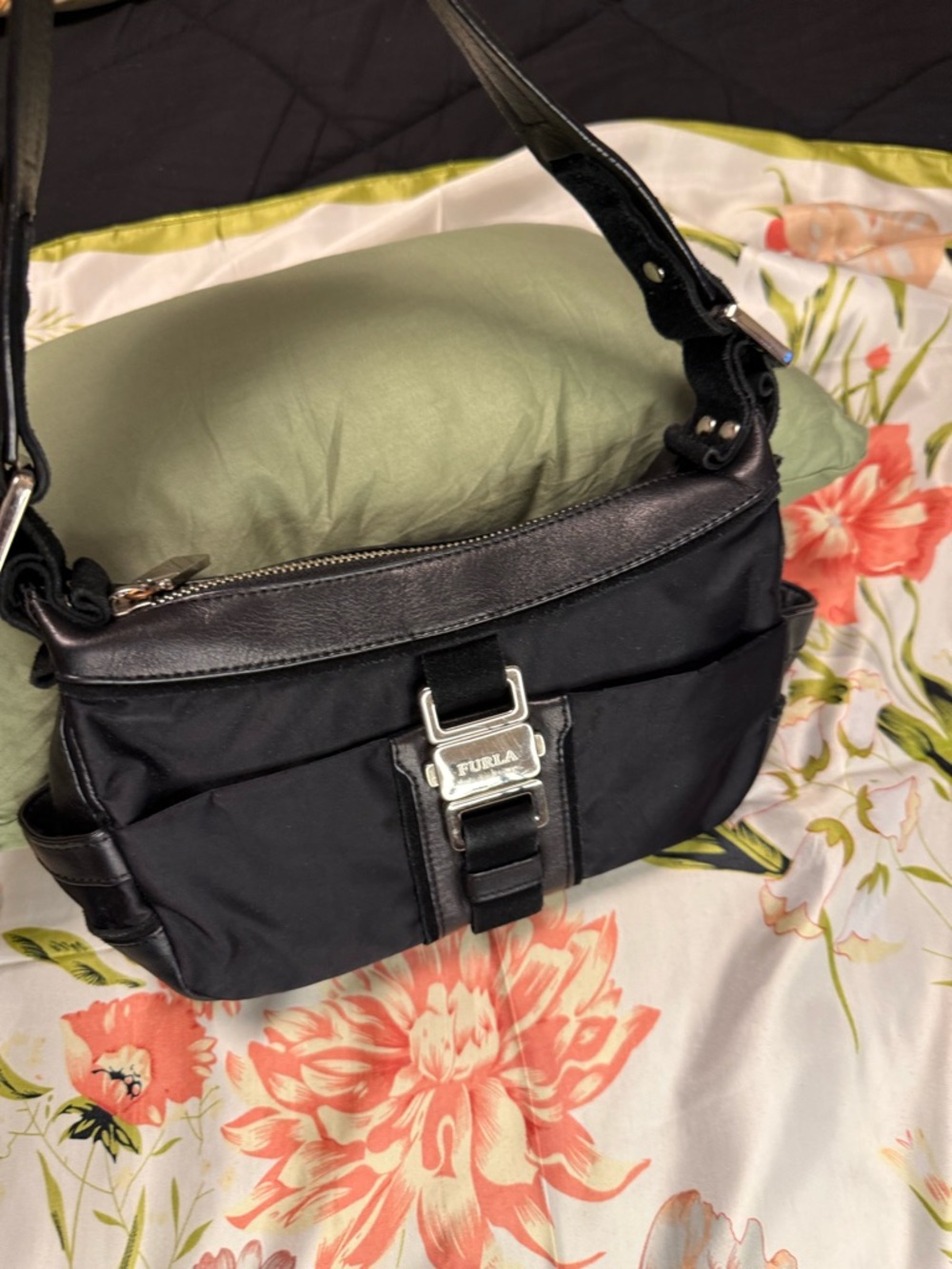 Furla Black Nylon & Leather Shoulder Bag Buckle Detail